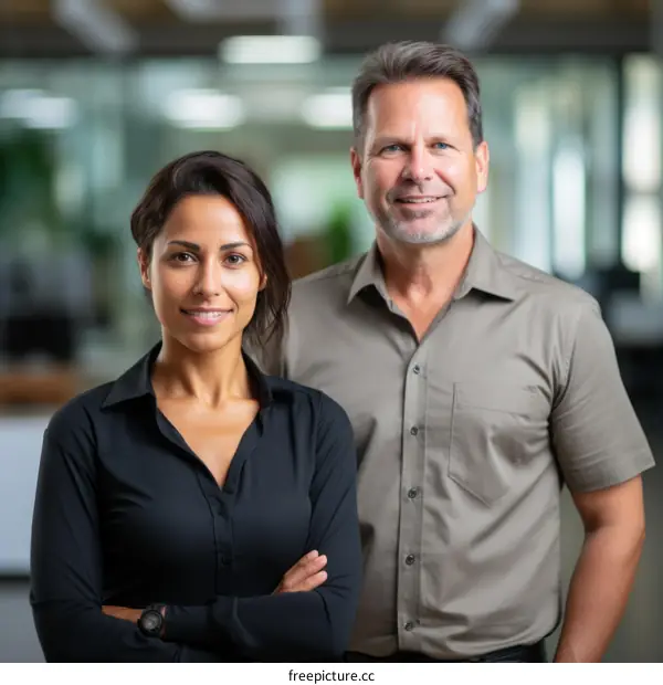 Portrait of two business professionals smiling in an office