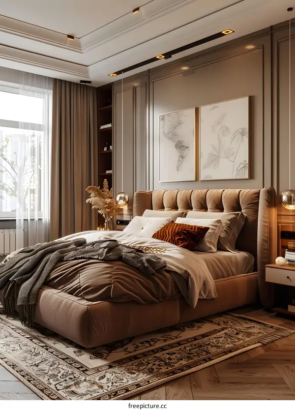 A bedroom with a large brown bed, two paintings, a patterned rug, and a large window.