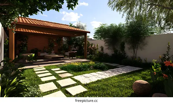 Modern Backyard Design with Stone Pathway and Pergola