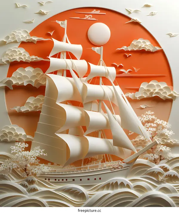 Paper cut art of a ship sailing on the ocean