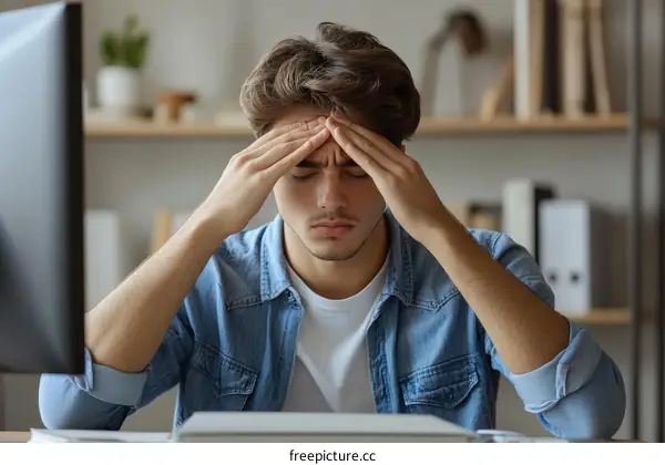 Stressed Young Man Experiencing Headache at Workplace