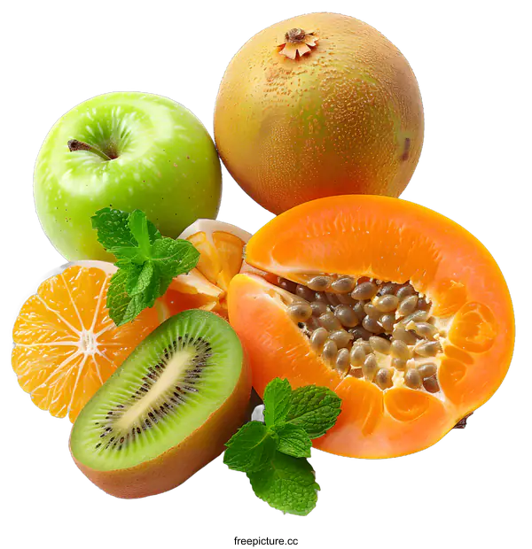 [Transparent Background PNG]Fresh Fruit Assortment with Green Mint Leaves