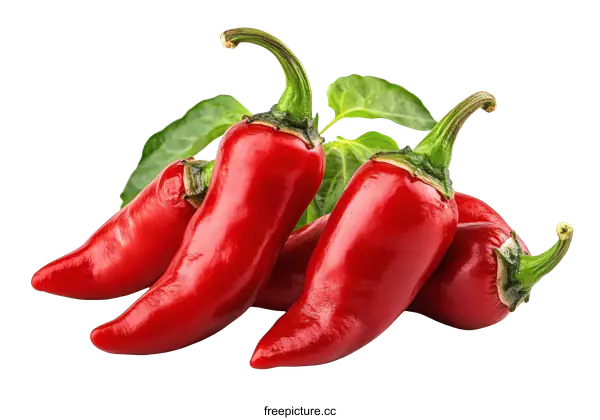 [Transparent Background PNG]Group of Red Chili Peppers with Leaves