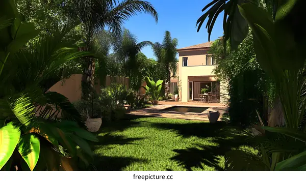 Tropical Garden With Modern House and Pool