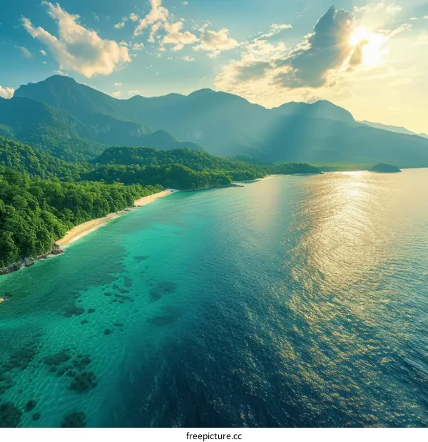Beach with green mountains and blue sea