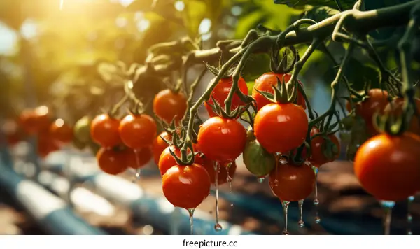 Close-up of ripe tomatoes growing in a greenhouse