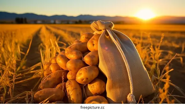 A burlap sack full of potatoes sits in a field at sunset.