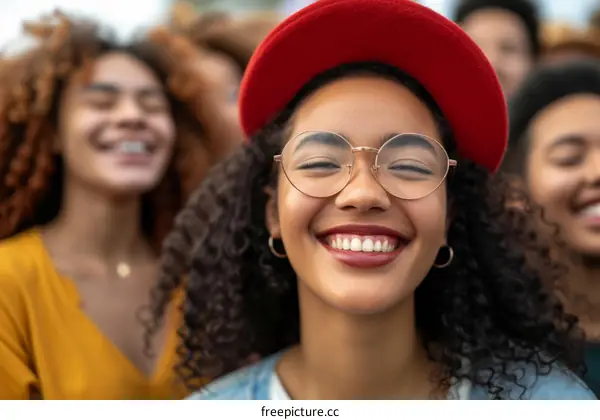 Portrait of a smiling young woman with curly hair wearing a red beret