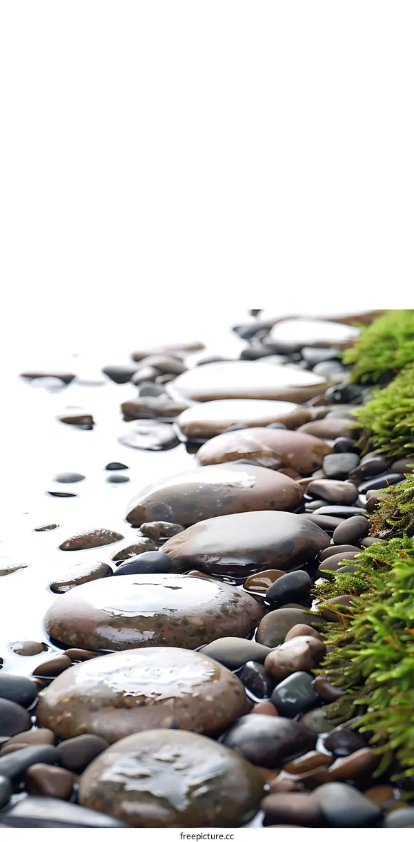 Smooth Stones in Water with Green Moss