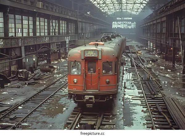 rusty subway car in abandoned factory