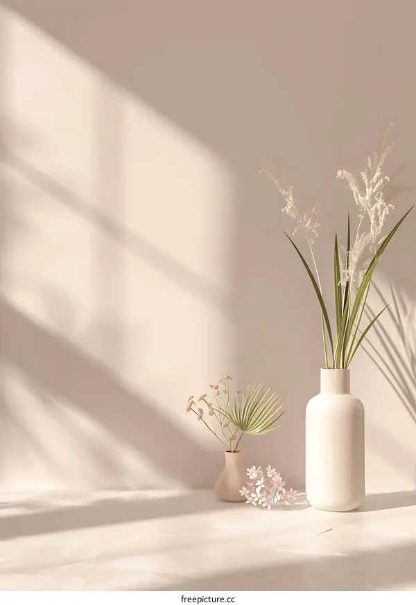 Minimalist Aesthetic White Vases with Dried Flowers and Shadow