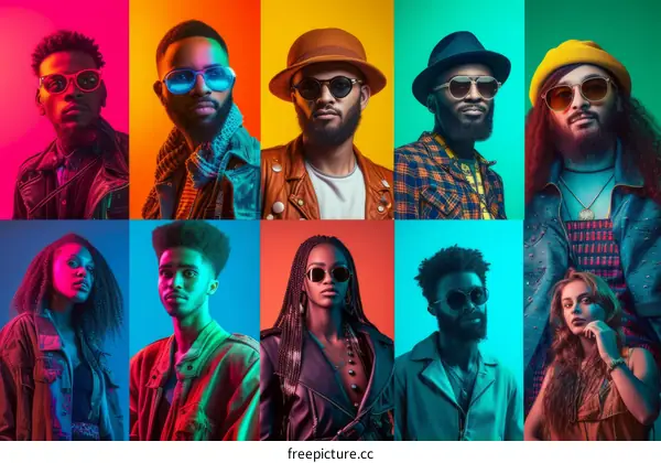 A group of people wearing sunglasses and colorful clothes