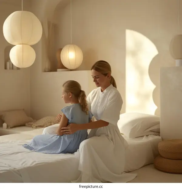 Mother and daughter sitting on the bed
