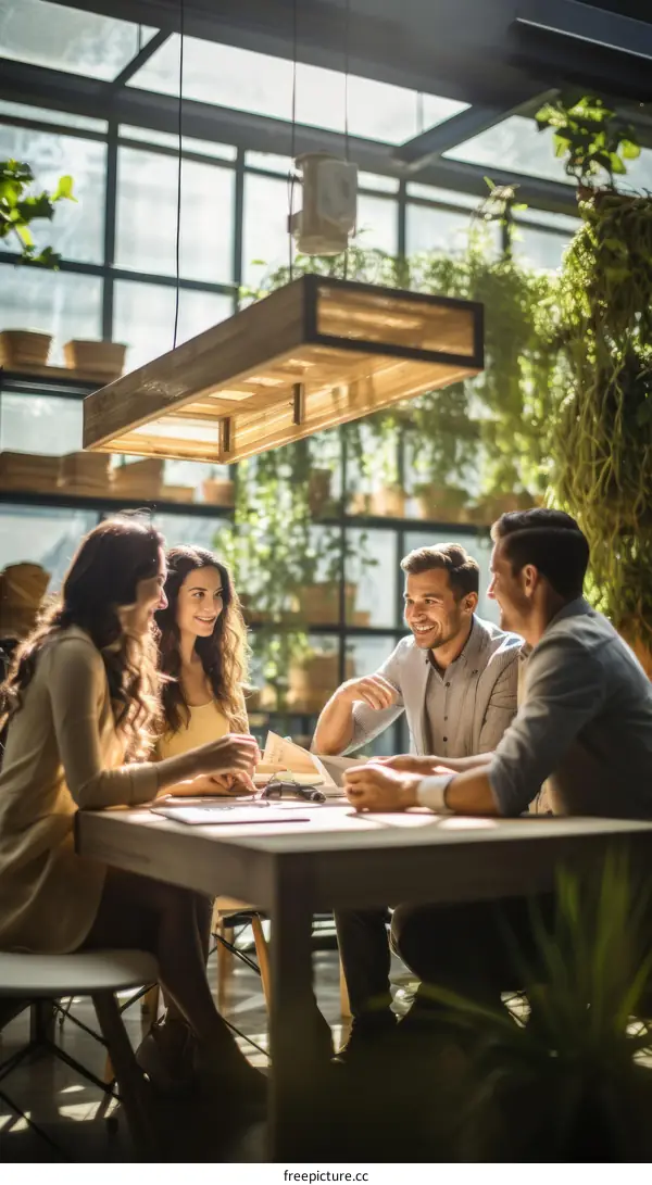 Four people are sitting around a table in a restaurant talking and laughing