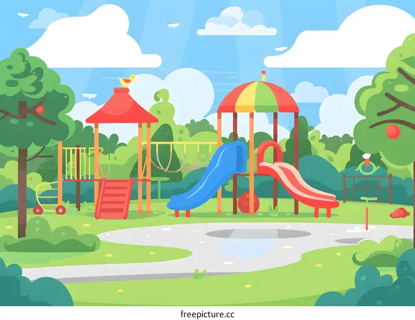 Colorful Playground with Swings, Slides, and a Sandbox