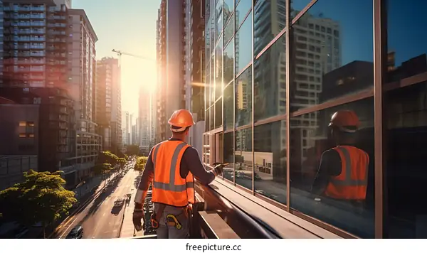construction worker on a building with a view of the city