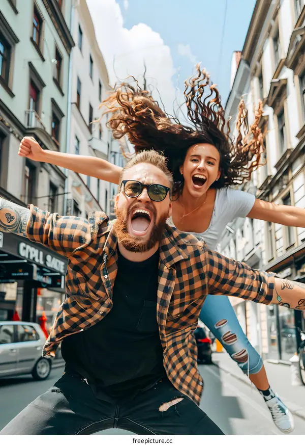 Couple having fun in city street