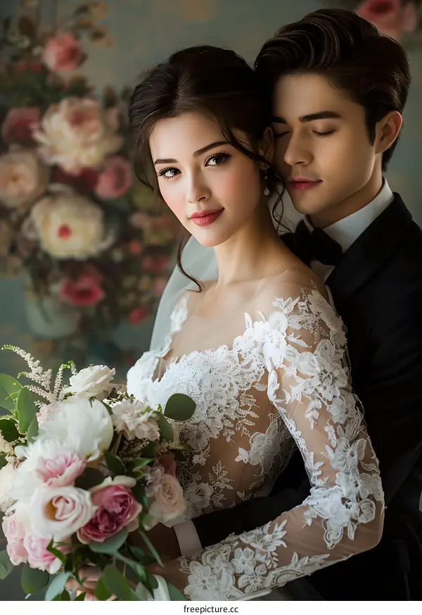 A bride and groom pose for their wedding photos in front of a floral backdrop