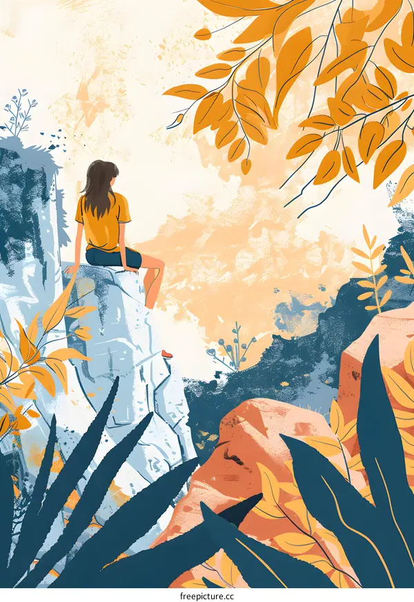 Girl Sitting on Rock Cliff Looking at the View