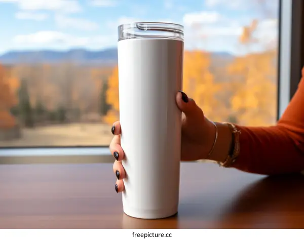 A woman holding a white travel mug with a mountain landscape in the background