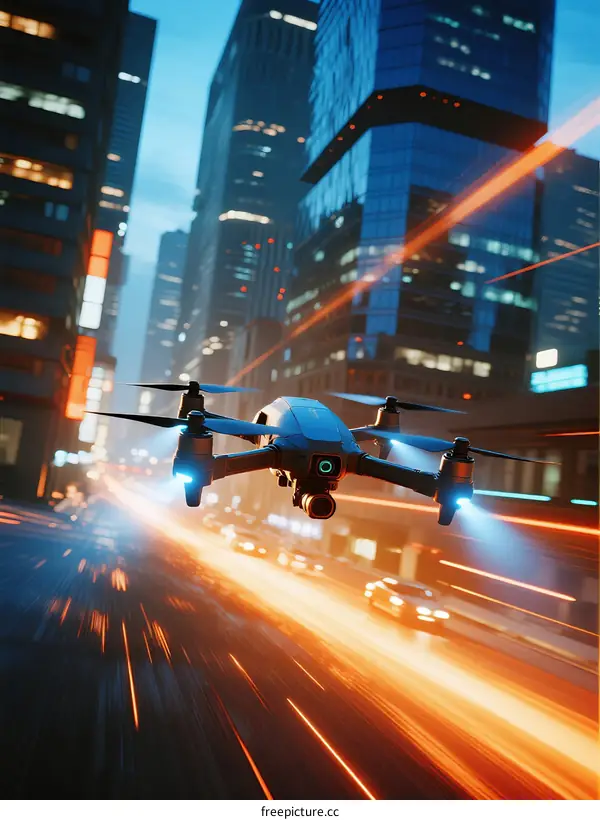 Drone flying over city street with motion blur lights