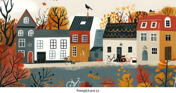 Autumn Town with Colorful Houses and Bikes