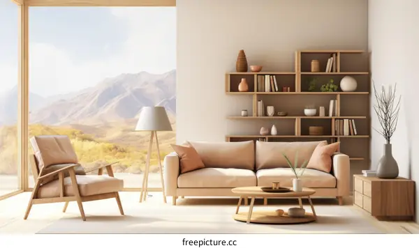 A stylish living room with a large window and a beautiful view of the mountains