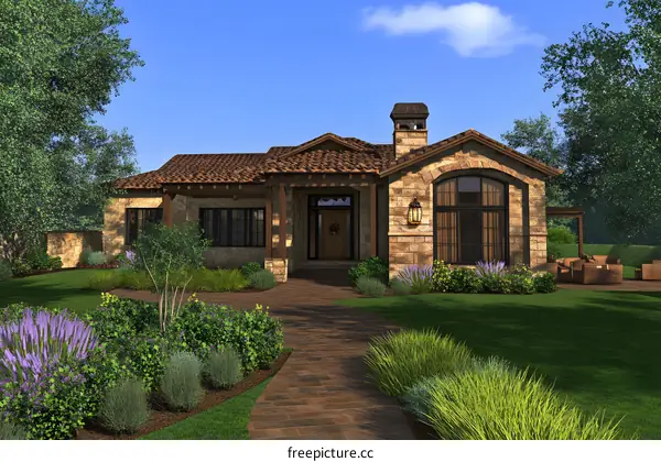 Stone House With Brown Roof And Lush Landscaping