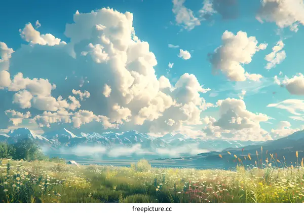 A field of flowers in bloom at the foot of a mountain