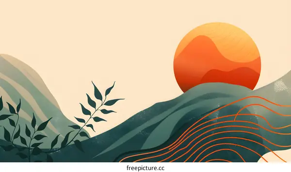 Abstract Mountain Landscape Illustration With Sun And Plants