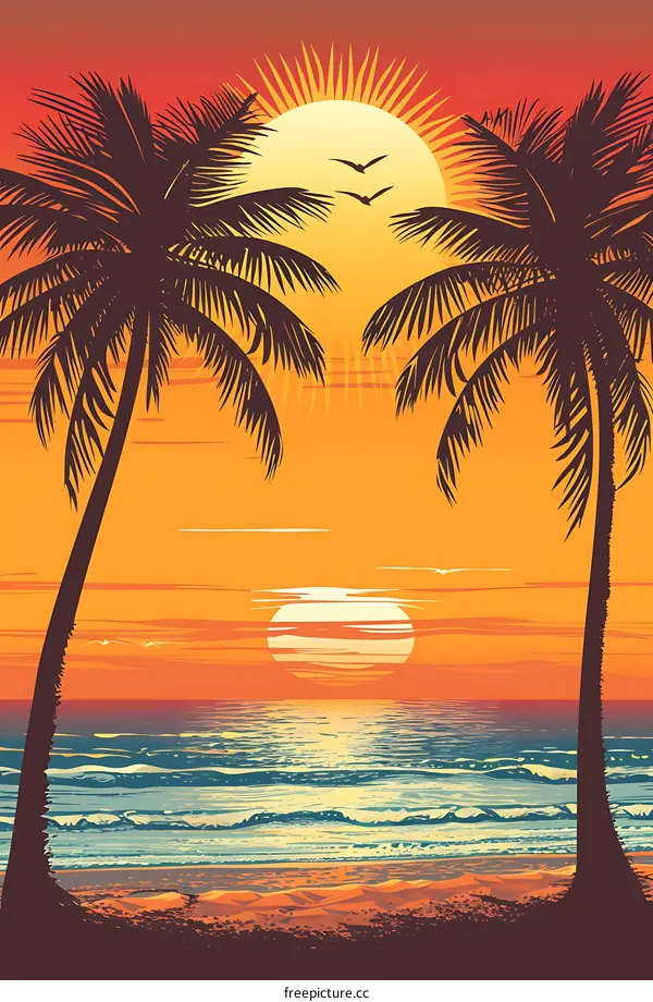Palm Trees Silhouette at Sunset Over Ocean
