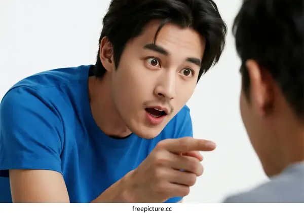 A man pointing his finger while having an intense conversation