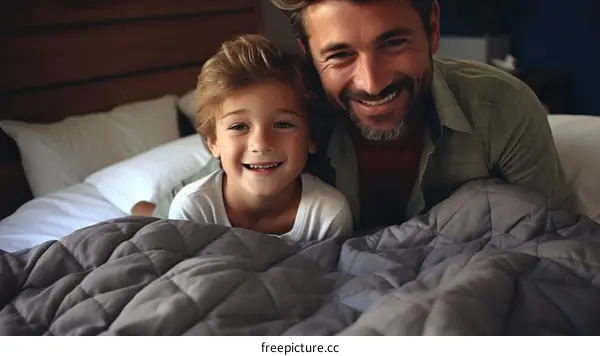 Happy caucasian father and son lying on bed smiling