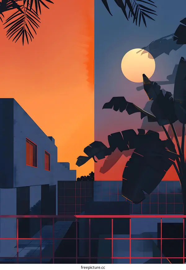 Minimalist Sunset Illustration With Palm Trees And Building Silhouette