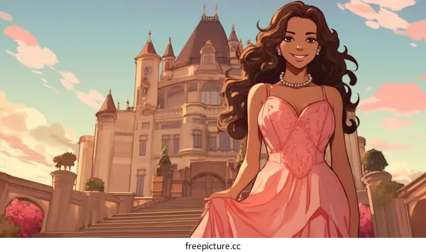 A woman of color in a pink dress standing in front of a castle