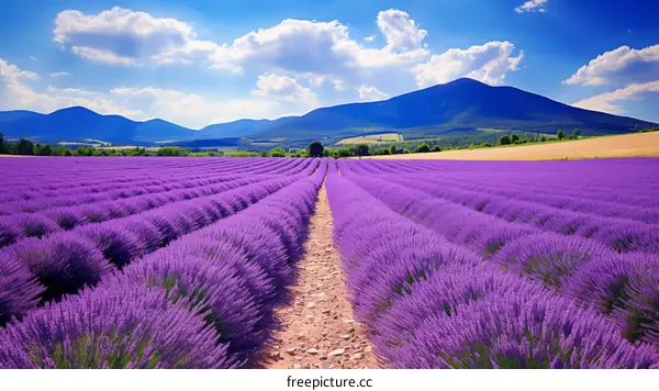 scenic view of lavender fields under a blue sky