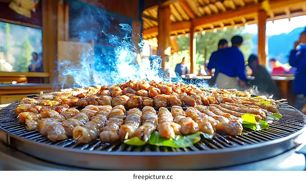 Outdoor Barbecue with Meat Skewers