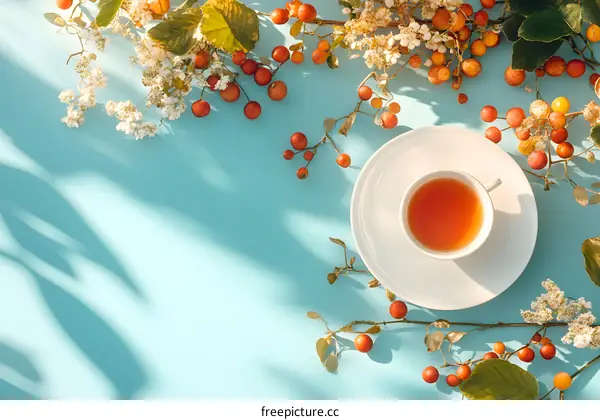 Tea Cup on Blue Background With Floral Decorations