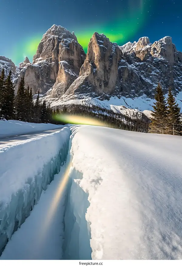 Snowy Mountain Road With Aurora Borealis