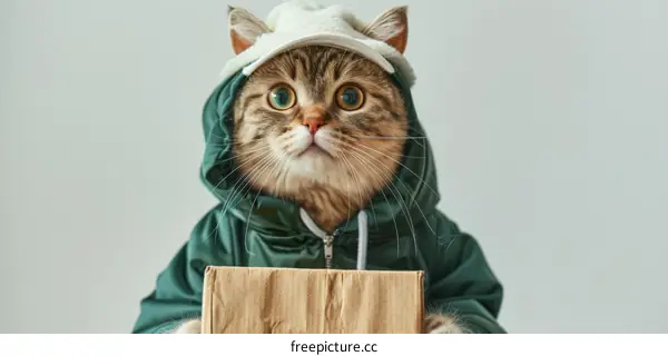 Cat in a green hoodie holding a cardboard box