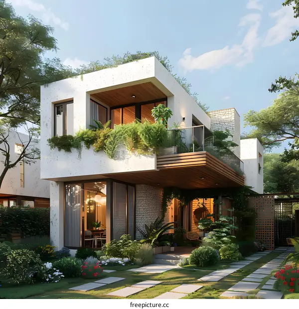 Modern House with Green Roof and Garden