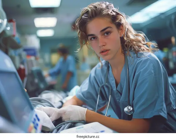 Female Doctor or Nurse in Blue Scrubs Working in a Hospital