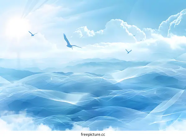 Blue sky, white clouds and sea waves