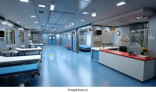 Modern Hospital Corridor with Empty Beds and Reception Desk