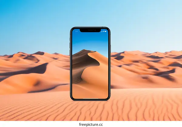 Black Smartphone with Sand Dunes Wallpaper on Screen Standing in Desert