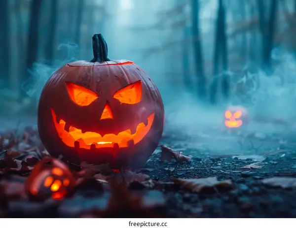 Glowing Halloween Pumpkin in the Woods