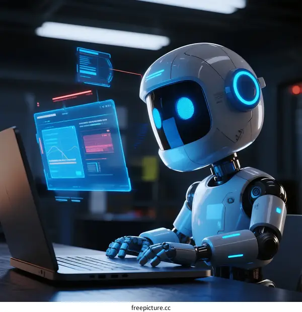 Cute Robot Using Laptop with Digital Interface in Modern Office