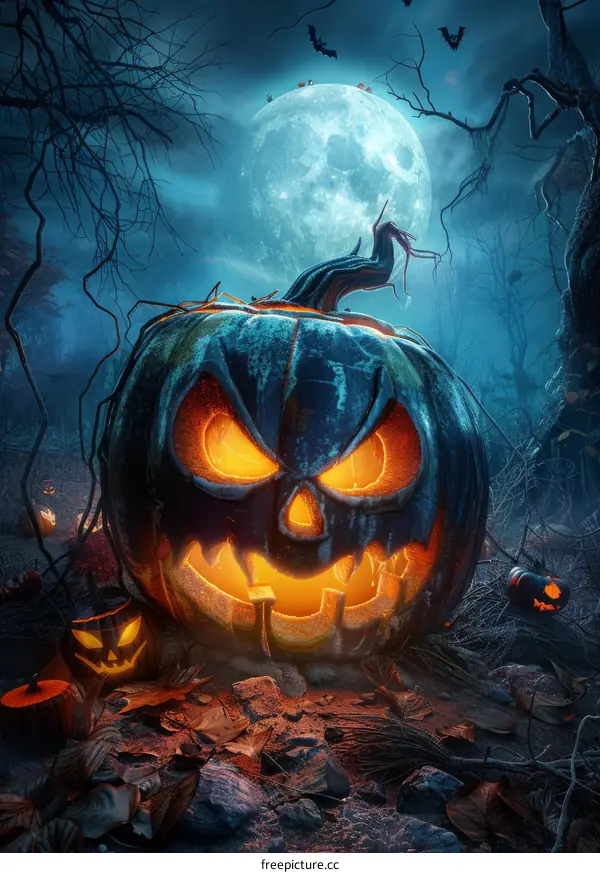 Spooky Halloween Jack-o'-Lantern in the Dark Forest
