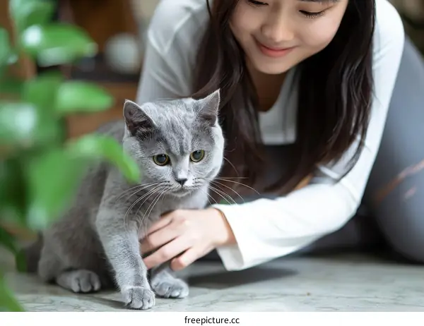 A young woman is petting a gray cat on the floor