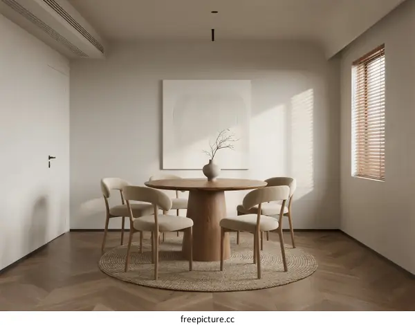 Modern Minimalist Dining Room with Wooden Table and Chairs